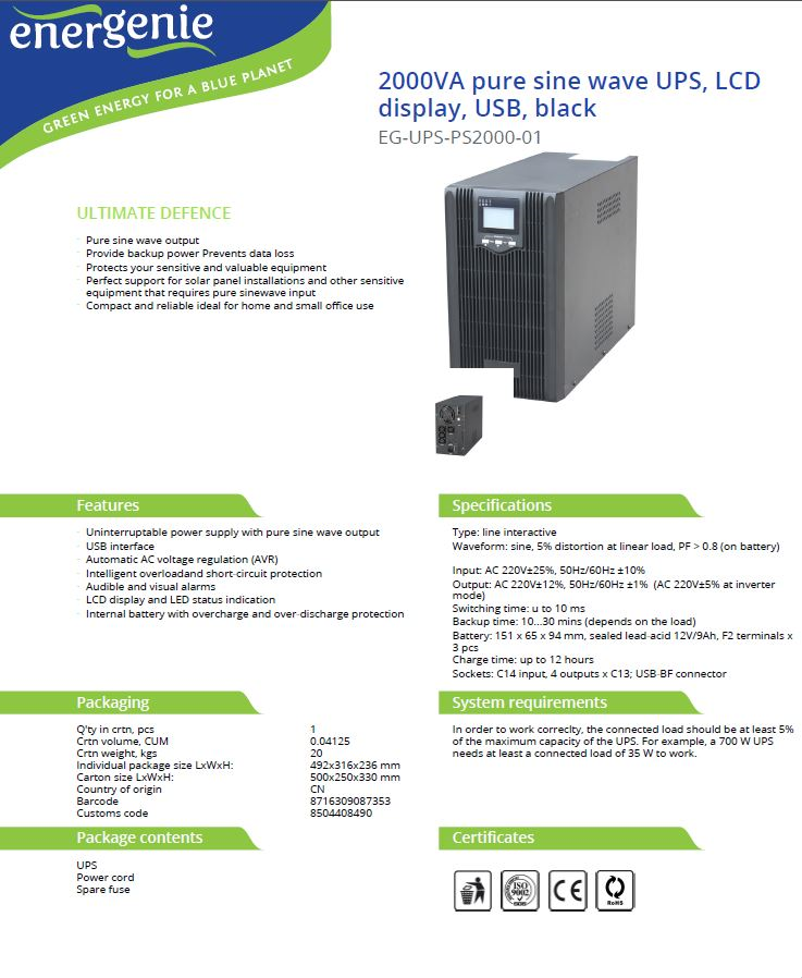Onduleur Line interactive UPS - écran LCD - USB - 2000 VA / 1600 W -  Trademos